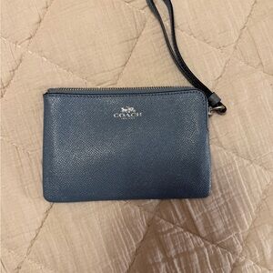 Coach Navy Leather Wristlet with Silver Logo Accent
